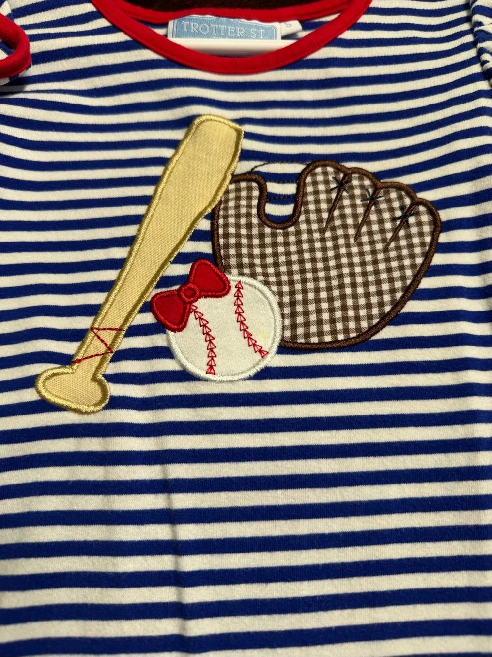 Baseball Appliqué Dress in Royal Blue stripes outlined in red Size 5